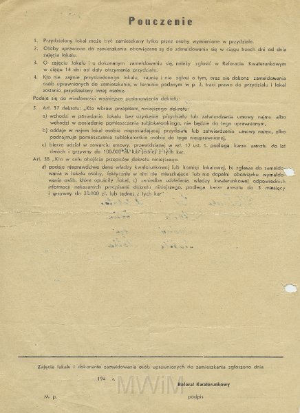 KKE 5438a.jpg - Dok. Przydział mieszkaniowy. Przydział wydany przez Zarząd Miejski - referat kwaterunkowy w Ostródzie dla Jana Małyszko i jego rodziny, Ostróda, 3 XI 1947 r.